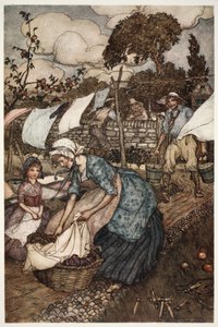 Ženy z vesnice ho zaměstnávaly takovými drobnými pracemi, které by pro ně jejich méně ochotní manželé neudělali., od Ripa Van Winkla, Washington Irving, hospoda. 1910 od Arthur Rackham
