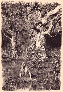 Tam seděla a zůstala by sedět dlouho, kdyby se ve větvích nejbližšího stromu neozývalo šustění a praskání. Ilustrace Arthur Rackham z Grimmovy pohádky Husí dívka u studny. od Arthur Rackham