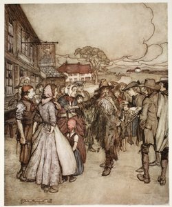 Shromáždili se kolem něj a s velkou zvědavostí si mě prohlíželi od hlavy až k patě., z hospody Rip Van Winkle od Washingtona Irvinga. 1910 od Arthur Rackham