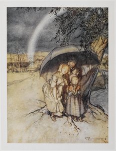Tři děti ukrývající se pod deštníkem s duhou. "Déšť, déšť, jeďte do Španělska." od Arthur Rackham