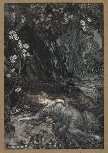 Titania ležící a spí. Scéna ze „Snu noci svatojánské“. od Arthur Rackham