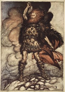 „Na houpačku mého kladiva Smet dolů Výpary a mlhy! Vznášející se mlhy! Donner, váš pán, svolává své hostitele!“, ilustrace z „The Rhinegold and the Valkyrie“, 1910 od Arthur Rackham