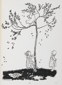Dvě děti se snaží dostat kočku dolů ze stromu. od Arthur Rackham