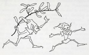 Dva elfové si hrají, jeden nese snítku jmelí od Arthur Rackham