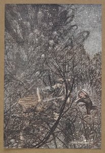 Nahoru a dolů, nahoru a dolů, gobline, veďte je nahoru a dolů. Scéna ze „Snu noci svatojánské“. od Arthur Rackham