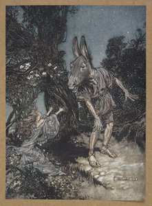 "Jaký anděl mě probouzí z mé květinové postele?" Titania a dno. Scéna ze „Snu noci svatojánské“. od Arthur Rackham