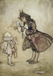 Když Její Veličenstvo chce znát čas, od Petera Pana v Kensington Gardens od J. M. Barrieho, hospoda. od Hodder a Stoughton, 1906 (pero a inkoust s wc na papíře) od Arthur Rackham