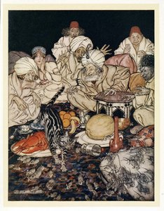 Když Puss uviděla krysy a myši, nečekala, až jí to řeknou z hospody English Fairy Tales. 1922 od Arthur Rackham