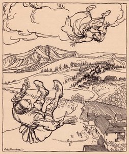 Když ji manžel uviděl, zakřičel: Ahoj! pojď sem ke mně". Ilustrace Arthur Rackham z Grimmovy pohádky Mladý obr." od Arthur Rackham