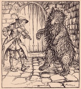 Když medvěd uslyšel hudbu, nemohl si pomoci a začal tančit. Ilustrace Arthura Rackhama z Grimmovy pohádky Malý mazaný krejčí. od Arthur Rackham
