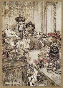 Who Stole the tarts?, z Alenčina dobrodružství v říši divů, Lewis Carroll, hospoda. 1907 (barevné lito) od Arthur Rackham