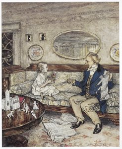 "Proč moje květiny dnes vypadají tak vybledlé?" Barevné ilustrace zobrazující mladou dívku Idu sedící na pohovce s mladým mužem, studentem, který drží nůžky. od Arthur Rackham