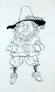 „...oblečen zvláštním, zvláštním způsobem; ...i jejich vizáž byla zvláštní; jeden měl velký vous, široký obličej a malé prasečí oči“, ilustrace z „Příběhu Ripa van Winkla“ od Washingtona Irvinga od Arthur Rackham