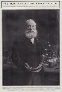 William Henry Perkin, anglický chemik, který objevil první syntetické organické barvivo, mauveine (litho)