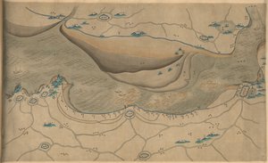 120 000. dodávané. Orientováno od severu dolů. Reliéf zobrazený obrázkově. Obrazová mapa. Hummel koupě 1930, č.p. 34. Ukazuje oblast podél řeky Qiantang, zejména část zálivu Hangzhou v provincii Zhejiang. Dostupné také prostřednictvím Knihovny o