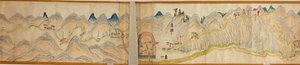 16 000. dodávané. Orientováno na sever vpravo. Reliéf zobrazený obrázkově. Pohled z ptačí perspektivy. Pokrývá řeku Wei v Baoji Xian, Shanxi Sheng až Shu Dao na hranici Shanxi-Sichuan. Zobrazuje osady, odpočívadla, nádraží, hostince, chrámy, horské průsmyk