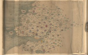 850 000. dodávané. Orientováno od severu dolů. Reliéf zobrazený obrázkově. Obrazová mapa. Pero a inkoust a akvarel. Zobrazuje hory, pobřeží, ostrovy a silnice v provincii Zhejiang. Hummel koupě 1930, č.p. 35. Dostupné také prostřednictvím Knihovny
