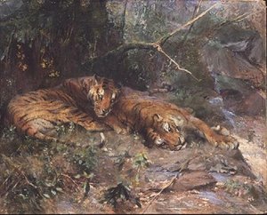 Tygři odpočívající u potoka od Arthur Wardle