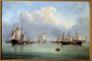 Námořní lodě a plachetnice kotví. Obraz Arthura Wellingtona Fowlese (1815-1883) Orleans Museum of Fine Arts z 19. století