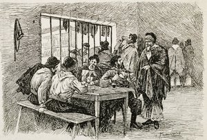 Argentina (20. století). "Pulperia", hostinec a obchod s alkoholem. Ilustrace T. Tamarera. Rytina od Artist Unknown