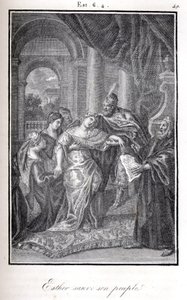 Bible, Ester zachránila svůj lid tím, že řekla Achazeurovi, že ji Haman chce zabít (rytina) od Artist Unknown