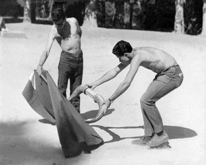Učící se býčí zápasníci, kteří každé ráno trénují v Casa de Campo v Madridu, aby se naučili umění býčích zápasů .(foto) od Artist Unknown