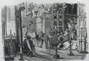 CHARLEMAGNE neboli Karel I. (742-814). Král Franků a Lombardů (768-814) a císař Svaté říše římské (800-814). Korunovace Karla Velikého císařem Svaté říše římské (800). Rytina. od Artist Unknown