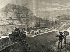 Výstavba Panamského průplavu. Bagrovací práce ve vesnici Culebra. Původní kresba Meltora Priora. Obrázek zveřejněn v "The Illustrated London News". Rytina. od Artist Unknown