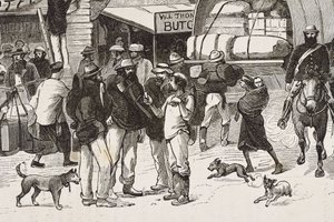 Anglie (19. století). Kolonizace (1880). Život zlatokopů v Austrálii. Anglická kolonie Botany Bay (založena v roce 1788) a zpočátku osídlena převážně zločinci, kteří se stali prospektory a obchodníky. Rytina. Soukromá sbírka od Artist Unknown