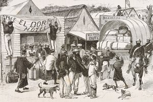 Anglie (19. století). Kolonizace (1880). Život zlatokopů v Austrálii. Anglická kolonie Botany Bay (založena v roce 1788) a zpočátku osídlena převážně zločinci, kteří se stali prospektory a obchodníky. Rytina. Soukromá sbírka od Artist Unknown