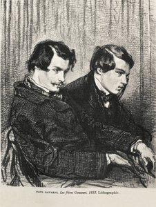 Gavarni, Hippolyte-Guillaume-Sulpice Chevalier, zvaný Paul (1804-1866). Edmond a Jules de Goncourt v lóži v divadle. 1853. GONCOURT, Edmon Huot z (1822-1896). Anglický spisovatel; GONCOURT, Jules Huot de (1830-1870). Anglický spisovatel. Litografie. Priv od Artist Unknown
