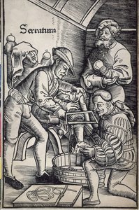 Gersdorff, Hans von (1455 - 1529). Německý chirurg. Amputace nohy. Dřevoryt Hanse Wechtlina pro knihu "Feldtbuch der Wundartzney" (Polní kniha chirurgie). od Artist Unknown