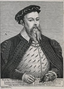 Mořic Saský (1521-1553). Saský vévoda (1541-47) a později kurfiřt (1547-53). Od roku 1539 protestant. Portrét podle obrazu Lucase Cranacha. Rytina od Artist Unknown