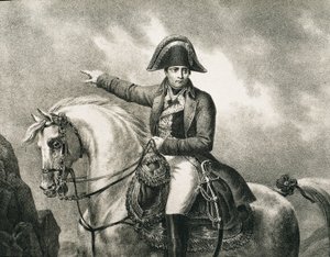 NAPOLEON I. Bonaparte (1769-1821). Francouzský voják a politik, císař Francie (1804-1815). Detail jezdeckého portrétu Napoleona, inspirovaného původním portrétem Josepha Chaborda. Rytina od Artist Unknown