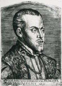 FILIP II. španělský (1527-1598). Španělský (1556-1598) a portugalský (1580-1598) král. Portrét Filipa ještě jako prince. Xylografie. od Artist Unknown