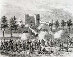 Španělsko (1868). Slavná revoluce. Útok vládních vojsk na bránu Serrans ve Valencii. Rytina z knihy "Ilustrace. Jorinal Universal". Lept od Artist Unknown