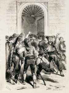 Španělsko (1873). Vyhlášení první republiky a útok na barcelonskou radnici (11. února 1873). Lept. od Artist Unknown
