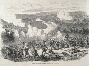 Španělsko. Revoluce v roce 1868. Bitva u Alcolea (20. září), která vyvrcholila sesazením Isabely II. z trůnu. Rytina od Artist Unknown