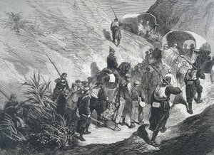 Španělsko. Třetí karlistická válka. Karlističtí zajatci na procházce po horách v Empordě (Katalánsko). Rytina. od Artist Unknown