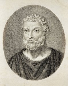THALES z Miletu (6. století př. n. l. - 6. století př. n. l.). Portrét Thalése z Milétu. Rytina. od Artist Unknown
