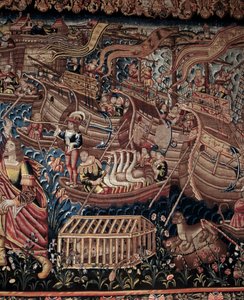 Portugalský mořeplavec Vasco de Gama (1459-1524) dorazil do indického Kaličutu v roce 1498, detail, tapiserie od Artist Unknown