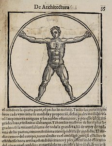VITRUVIUS, Marcus Vitrubius Pollio (1. století př. n. l.). "De Architectura" (O architektuře), překlad do španělštiny Miguel de Urrea. Vydal Juan Gracián v Alcala de Henares (1582). Ilustrace na straně 35 s kánonem lidského těla. Xylografie od Artist Unknown