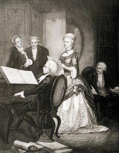 Wolfgang Amadeus Mozart doprovází na klavír sopranistku Caterinu Cavalieri.