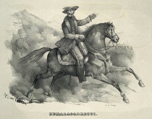 ZUMALACARREGUI, Tomas (1788-1835). Karlistický generál. Španělsko. První karlistická válka. Zumalacarregui na koni. Rytina. od Artist Unknown