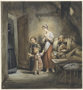 Nemocný muž v posteli s manželkou a dvěma dětmi vedle něj od Ary Scheffer