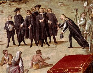 Místo soudu Vicaria v Neapoli v době revoluce Masaniello Zločinci jsou soudci před vchodem - Detail představující právníka předkládajícího žádost magistrátu - Obraz Ascania Lucianiho (asi 1621-1706) Neapol, Muse od Ascanio Luciani