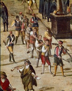 Místo soudu Vicaria v Neapoli v době revoluce Masaniello Zločinci jsou soudci před vchodem - Detail zobrazující skupinu trestanců připoutaných na krku - Obraz Ascanio Luciani (asi 1621-1706) Neapol, Museo Nazional od Ascanio Luciani