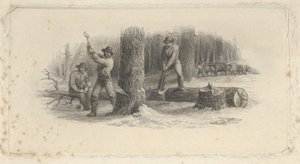 Bankovka viněta zobrazující lesníky kácení stromů v zasněženém lese, ca. 1824-37.