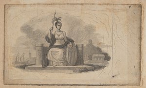 Bankovka viněta s ženskou postavou představující Ameriku, ca. 1824-37.