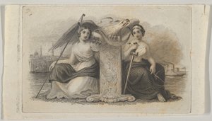 Bankovka viněta s ženskými postavami představujícími svobodu a spravedlnost, ca. 1824-37.